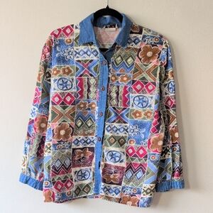 Vintage Colorful Patchwork Pure Cotton Blouse Shirt Women Fits S M Men Fi